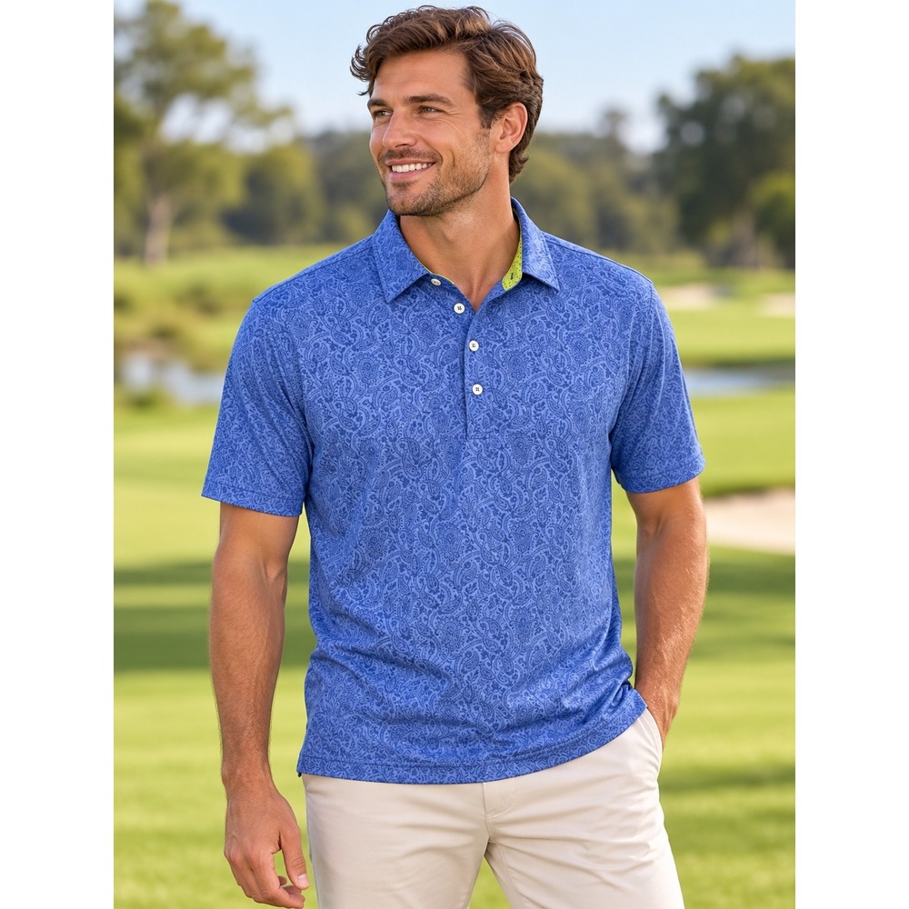Donald Ross Sport Mens Blue Paisley Performance Golf Polo Shirt Size M